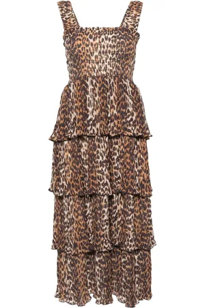 Ganni Vestido midi a capas con estampado de leopardo