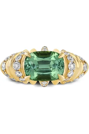 Lizzie Mandler Anillo Crescent en oro amarillo de 18kt con diamante y esmeralda