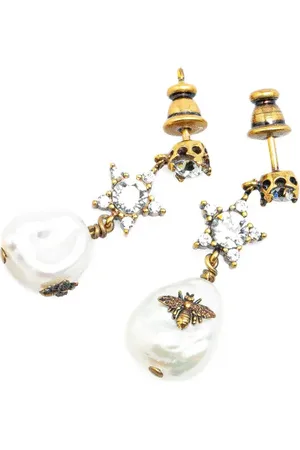 Dior Aretes 20th Century Gold Plated Crystal Star Bee Faux Pearl Drop Earrings