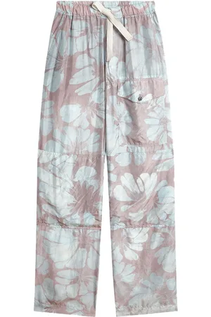 DRIES VAN NOTEN Pantalones de seda con estampado floral y cordones en la pretina