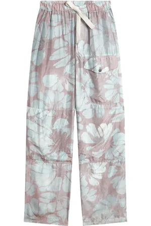 DRIES VAN NOTEN Pantalones de seda con estampado floral y cordones en la pretina