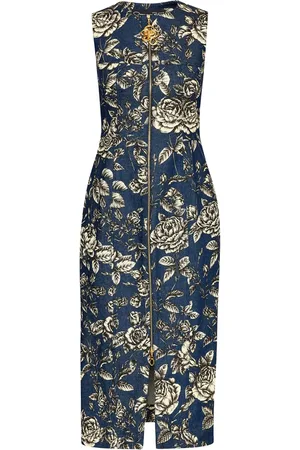 Oscar de la Renta Vestido midi de mezclilla con rosas estampadas