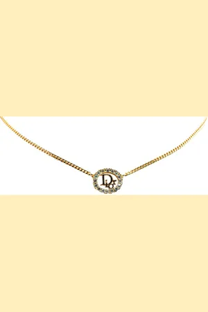 Dior Collar Gold Plated Logo Rhinestone Pendant Necklace 2000-2024