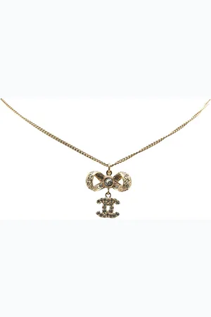 CHANEL Collar Gold Plated CC Bow Crystal Pendant Necklace 2016