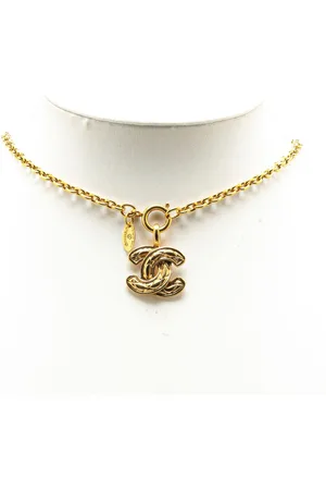CHANEL Collar Gold Plated CC Quilted Pendant Necklace 1970-1980