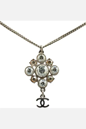 CHANEL Collar Palladium Plated CC Crystal Pendant Necklace 2010