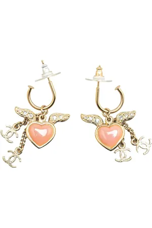 CHANEL Aretes Gold Plated Heart Crystal Wings Hoop Push Back Earrings 2009