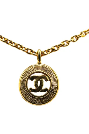CHANEL Collar Gold Plated CC Round Pendant Necklace 1970-1980