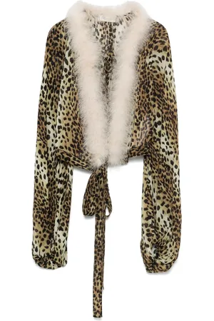 BLUMARINE Blusa con estampado de leopardo y ribete de plumas