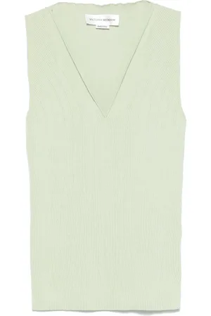 Victoria Beckham Camiseta con cuello en V y detalle de canalé