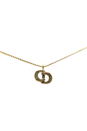 Dior Collar 20th Century Gold Plated Logo Rhinestone Pendant Necklace