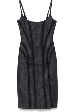 MUGLER Vestido midi de mezclilla con panel de malla