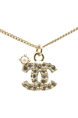 CHANEL Collar Gold Plated Faux Pearl CC Rhinestone Pendant Necklace 2010