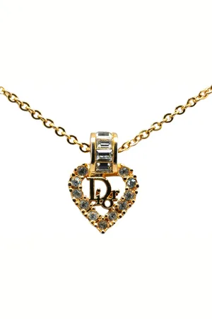 Dior Collar 20th Century Gold Plated Logo Rhinestones Heart Pendant Necklace