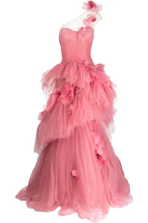 Marchesa Notte Vestido de fiesta de tul con un hombro descubierto y aplique floral