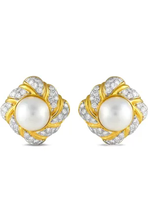 LB Exclusive Aretes de clip en oro amarillo de 18kt con diamantes y perlas