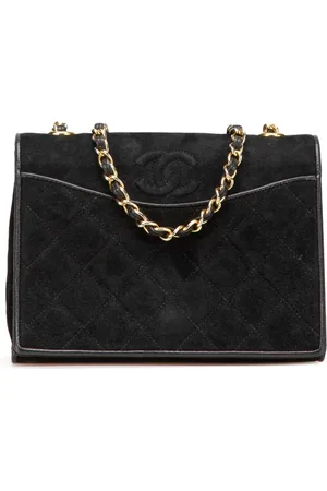 CHANEL Bolsa crossbody capitonada pequeña de gamuza con logo CC 1989-1991