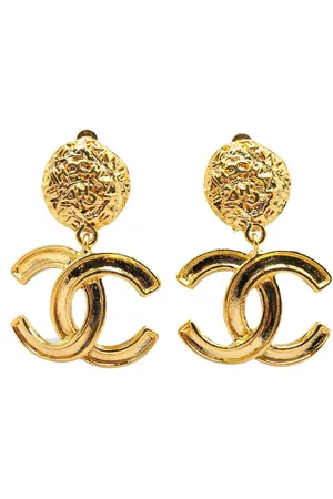 CHANEL Aretes Gold Plated CC Drop Clip On Earrings 1995
