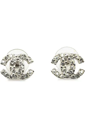 CHANEL 2005 Silver Rhinestones CC Push Back Earrings costume earrings