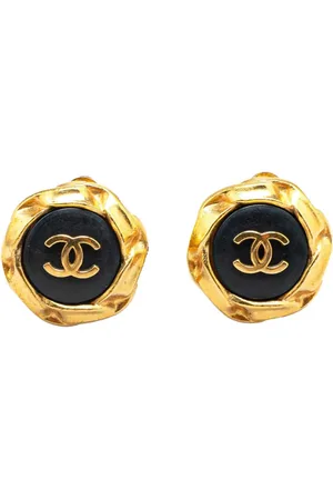 CHANEL Aretes Gold Plated Acrylic CC Button Clip On Earrings 1996