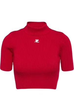 Courrèges Top tejido de canalé corto con logo bordado