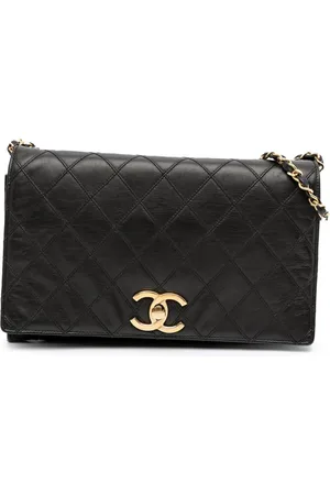 CHANEL Bolsa crossbody Full Flap pequeña de piel de cordero capitonada con logo CC y cierre giratorio 1986-1988