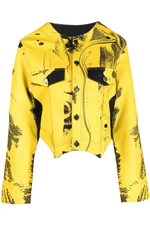 Feben Chamarra de mezclilla asimétrica con estampado gráfico
