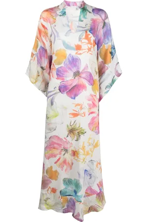 120% Lino Vestido largo tipo caftán con estampado floral