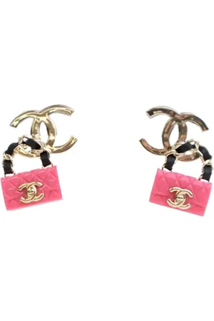 CHANEL 2023 Gold Plated Calfskin Resin CC Handbag Push Back Earrings costume earrings
