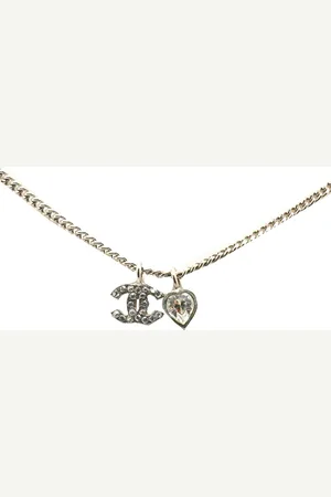 CHANEL 2011 Silver Plated CC and Heart Rhinestone Pendant Necklace costume necklace