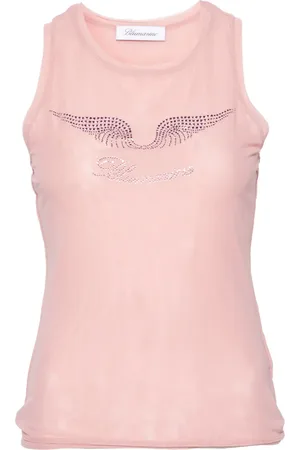 BLUMARINE Top de malla con logo de strass