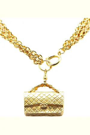 CHANEL 1970-1980 Gold Plated Multi Chain Flap Bag Pendant Necklace costume necklace