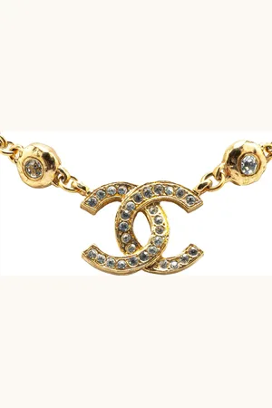 CHANEL 1970-1980 Gold Plated CC Rhinestone Pendant Necklace costume necklace