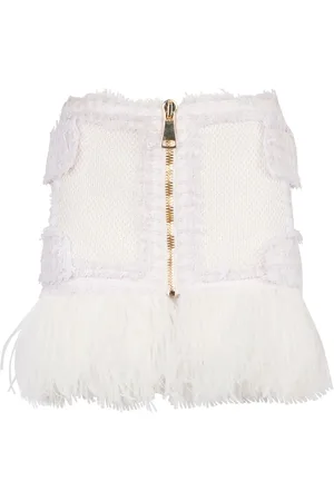 Balmain Falda corta tejida de tweed con detalle de plumas