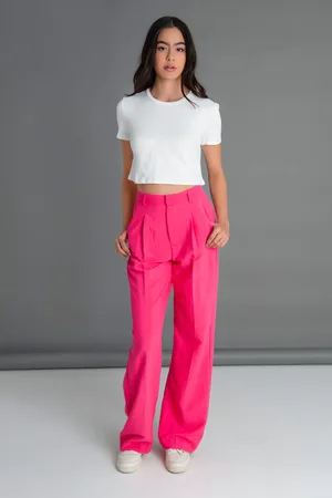 Pantalón ancho con pinzas color rosa para mujer - Puntosalao