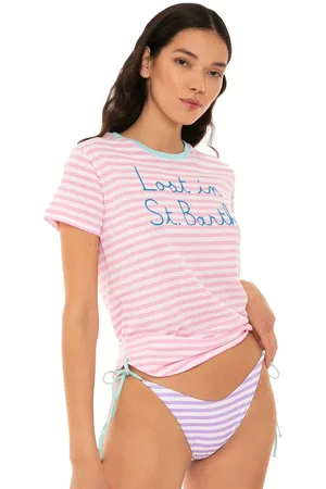 MC2 SAINT BARTH Woman Striped T-shirt With Lost In St. Barth Embroidery