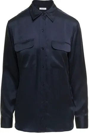 Equipment Signature Navy Blue Long Sleeves Shirt In Silk Woman