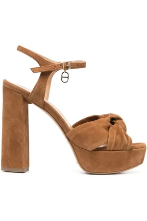 Twin-Set Lace-top Sandals Suede Finish Brown Leather Woman