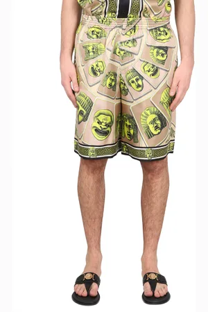 VERSACE Twill Silk Shorts Masks Print Detail