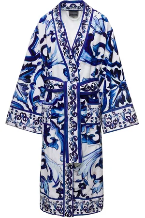 Dolce & Gabbana Kimono Bathrobe With All-over Blu Mediterraneo Print In Cotton