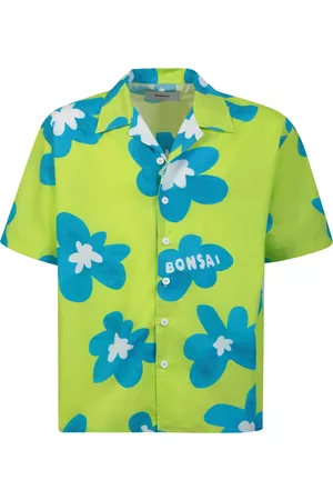 BONSAI Floral Print Lime /blue Bowling Shirt