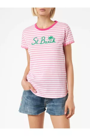 MC2 SAINT BARTH Fucsia Striped Cotton T-shirt With St. Barth Embroidery
