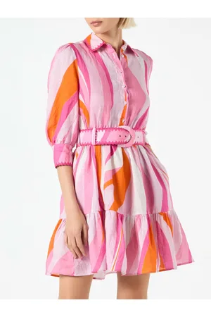 MC2 SAINT BARTH Shape Wave Print Linen Short Dress Daisi