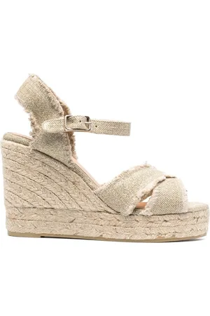 Castaner Wedge Sandals With Criss-crossed Straps In Canvas And Straw Woman Castaner