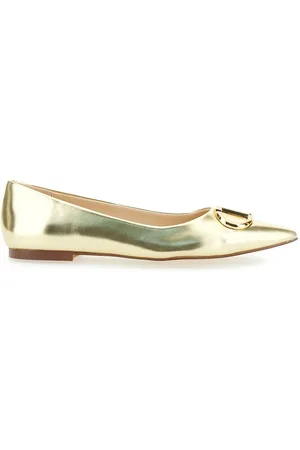 Twin-Set Gold Tone Ballet Flats With Oval T Detail In Laminated Leather Woman