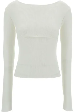 Low Classic Ribbed Top With Boat Neckline And Buttons In Rayon Blend Woman