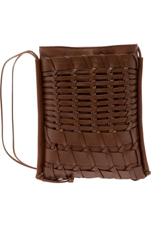 Hereu Trena Brown Flat Square Crossbody Bag In Handwoven Leather Woman