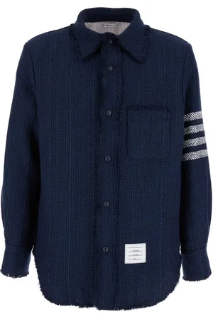 Thom Browne Snap Front Shirt Jacket W/fray Edge In Woven 4 Bar Solid Cotton Tweed