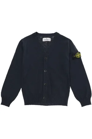 Stone Island Blue Cardigan With Logo Patch In Cotton Blend Boy