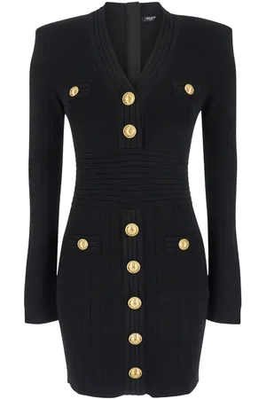 Balmain Mini Black Dress With Golden Buttons In Stretch Viscose Woman